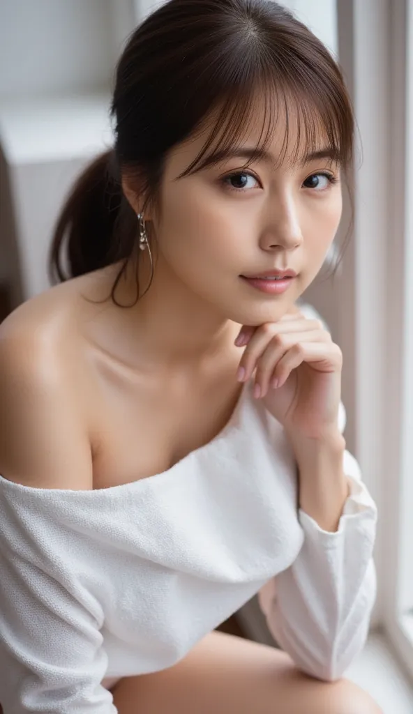    a high-resolution photo of a Japanese actress , 8k, RAW photo, (top quality,  masterpiece),(realistic, photo-realistic:1.2), intricate details,  Sharp Concentration, cinematic writing, Portrait, alone,   Elegant Woman, (wet close,  wet hair, Wet Skin,  ...