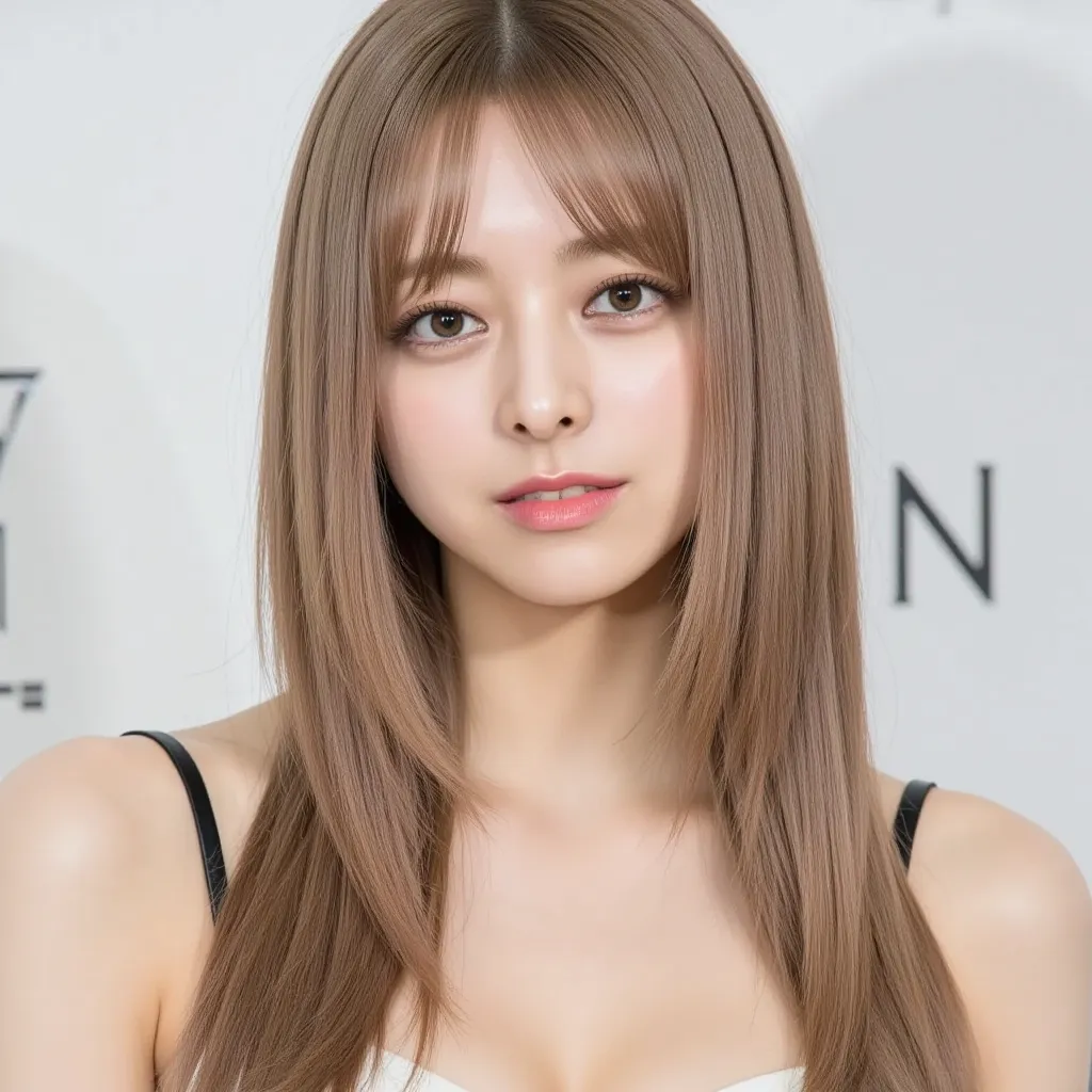 Silky smooth hair、Two-tone color with white blond hair and black hair、Flush the bangs、 hairstyle is straight、Long hair up to chest、