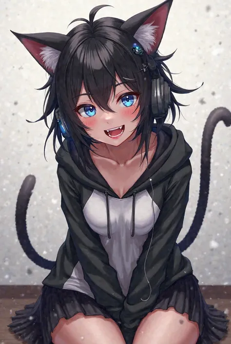 Cat girl.with branchy black hair,  blue eyes, medium height, open mouth, Breasts,   Reddish,   smirk, fangs, drool, Sitting with headphones , hairpin, black and white hoodie and black skirt,  chelka. 