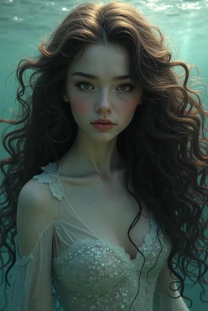 Creates an image of a mermaid, Of curly hair 3b dark brown hair,  breast-length hair, full hair,  white skin,  Dark eyes, It seems to me that I am like that