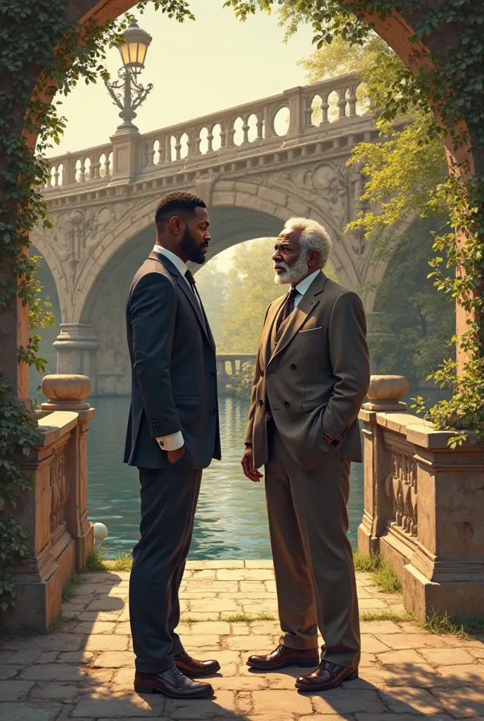 Make me a handsome black , well dressed who talks to his grandfather, On a bridge 