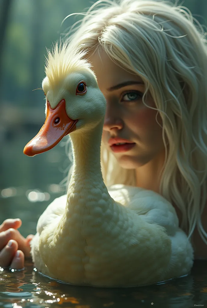 Symbolism, surrealism, a duck afraid hiding itself behind a duck down hot girl