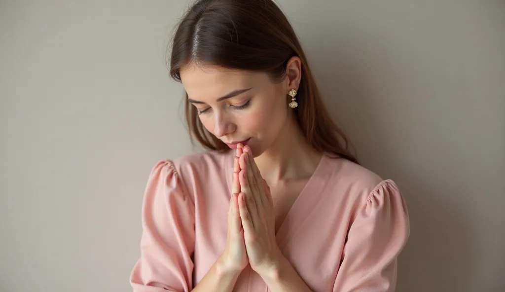 blouse create the image of a beautiful BROWN-HAIRED woman praying WITH HER HEAD SLIGHTLY TILTED DOWN, SHE HAS HER EYES CLOSED, the focus is from the waist up,  The background is neutral, And she dresses up in a decent PINK