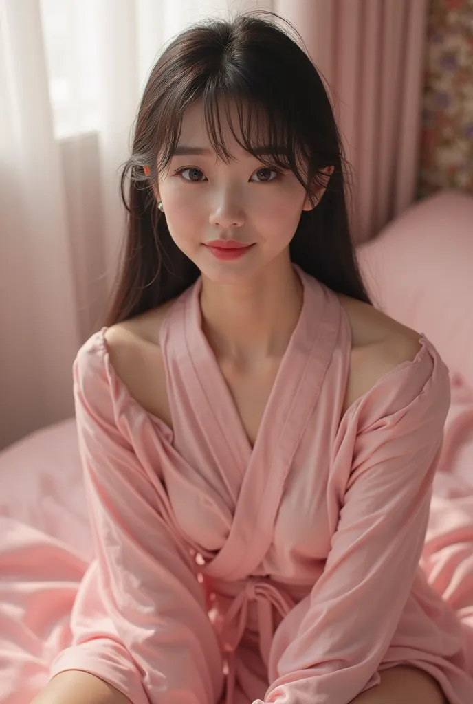 realistic and ultra detailed image,  Asian woman,  straight black hair with fringes , Innocent and sexy look,  with a mischievous smile , She's sitting on a bed in a light pink robe