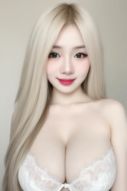 (realistic、masterpiece、Best Quality、8K、highres、high resolution:1.3)、a close up of a woman with a bra, smooth translucent white skin,grin smile, grin, white teeth, japanese goddess, really large bust, pale milky white porcelain skin, blonde goddess, gorgeou...