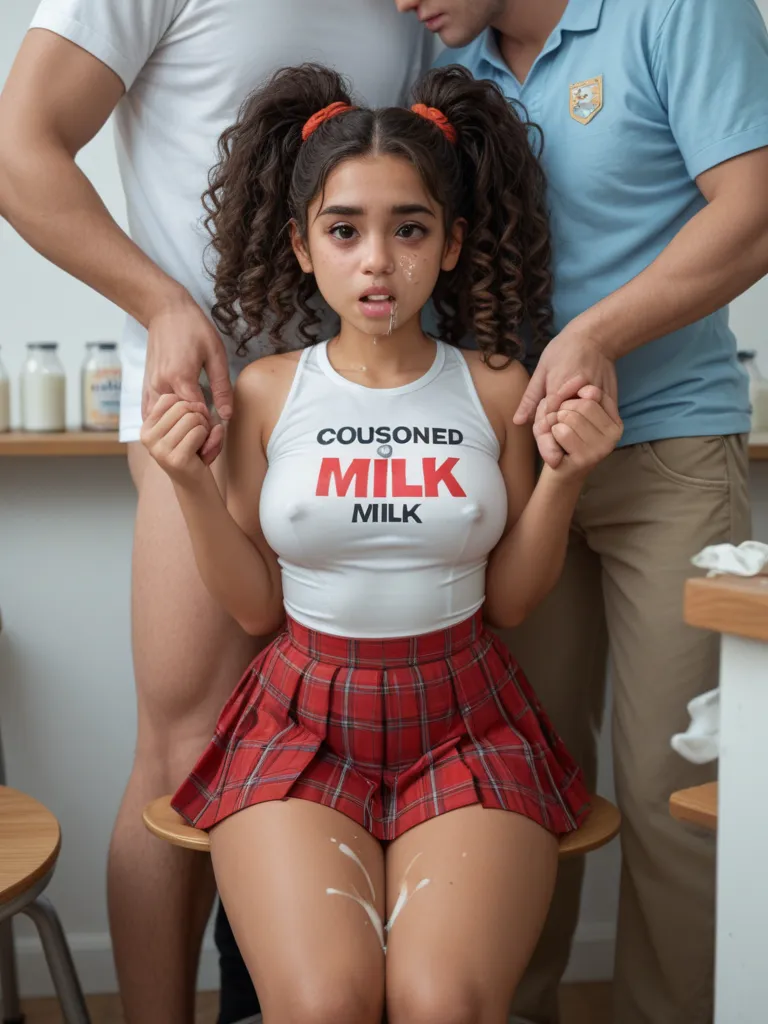 Man hands squeezing grabbing  together Milk covered young Latina cute medium breasts voluptuous thighs, long curly hair high pigtails messy buns, schoolgirl micro tight croptop clevage milk on face, milk on cheeks, milk on neck, milk on , milk on thighs, d...