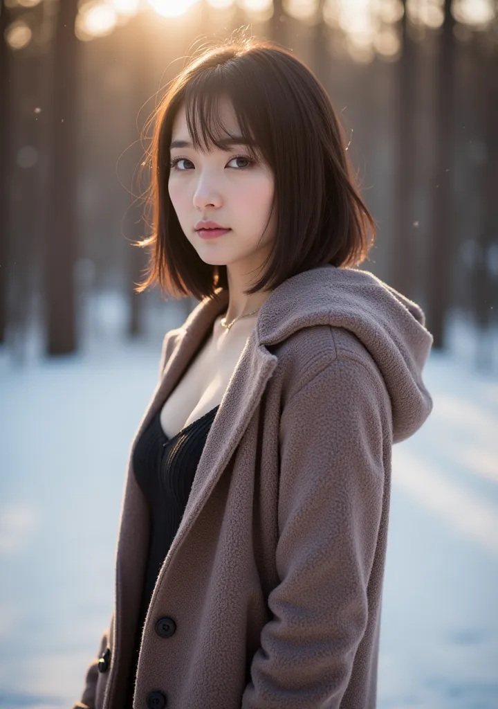 (((Plump body))), (((Very beautiful mature woman))),  ((plump mature woman's body)), ((The body of a very glamorous mature woman)), In the heavy snow, (((Powder Snow))), Mountain area, ８k, Sexy long coat worn by a beautiful 30-year-old Japanese woman with ...