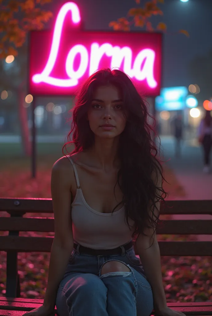 a girl, slender, with beautiful eyes great  beauty sitting on a bench but on the background there is a neon light board with text Lorna but a black girl but in a park bench