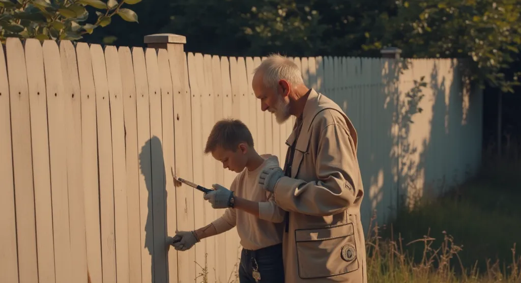 The boy is painting a fence with a futuristic brush, The old man shows him, they both wear futuristic clothes