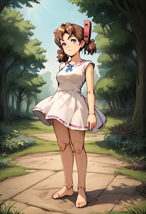 A girl is jumping up on the forest, Middle age, joint seam,full body view, height 160 cm mechanical lady, skin pigment , she gets ecstasy, very short pigtails, brown hair, Hair tie with two red big red clothespins, mature, android, blue eyes, full body fig...