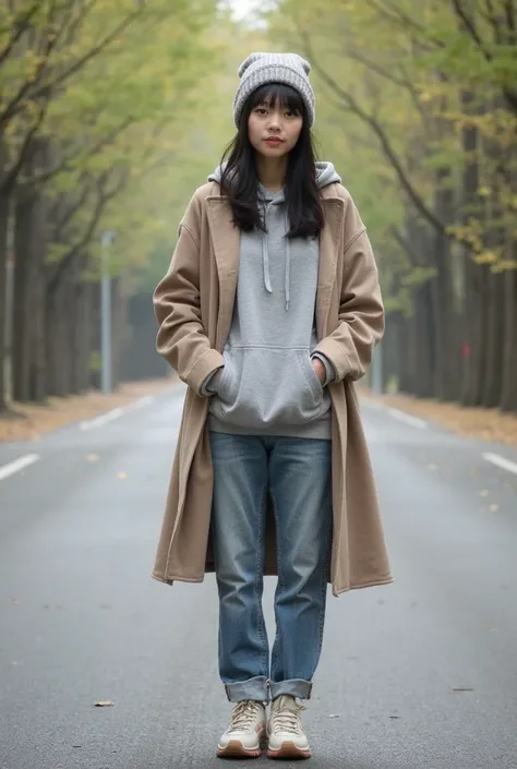 Woman wearing a fitted grey hoodie layered with a taupe oversized coat, short denim pants standing on the road, And bold statement sneakers, tree-lined road,
1 girl, solo, medium long hair, black hair, Japanese,bangs, knitted hat