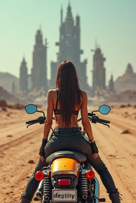 a futuristic city in the middle of a large desert, A woman wearing Madmax-style clothes with her back to the photograph and facing the entrance to the city on a Harley Davidson motorcycle the license plate written "" destiny""