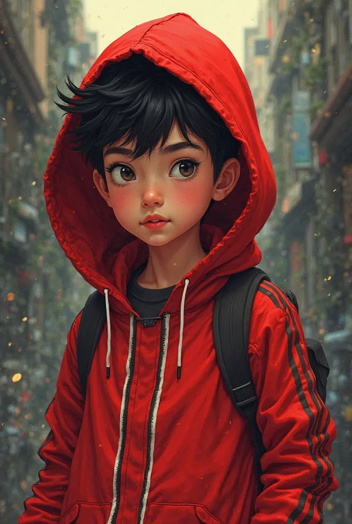 A boy wearing red hoodie having two side and in the middle of two stripe write misson