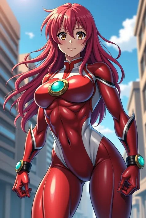  My Hero Academia Style , Anime girl, female, young female,muscular female,Full Body Shot,(fighting Pose:2),Long hair, Red Hair,  Brown Eyes,Hero Suit, Full Body Suit, red suit with white details,small round blue jewel in the center of the chest, perfect a...