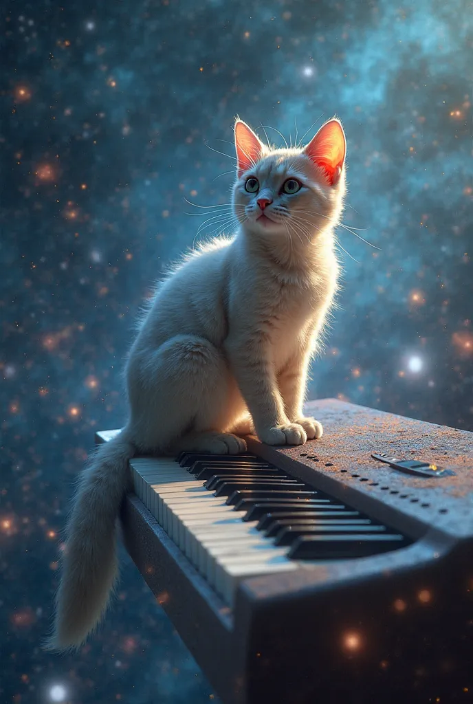 cat on musical keyboard in space