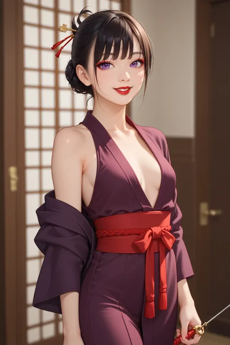 middle body shot, sexy asian woman, (asian face), smiling with teeth,  red eye shadow,  pale skin, hair tied back with knitting needles, bare shoulder, skinny, full body shot, small breasts, slim body, red lips, black hair, bangs on the face, big purple ey...