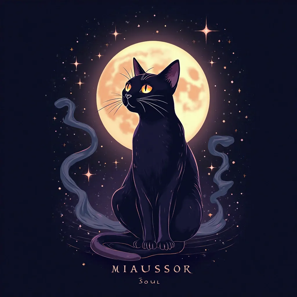 1. ** Key Elements**:
   - **a cat**: to the center of the image, a cat stylized,  with glowing eyes (As se refletissem as estrelas). It may be seated in an elegant pose, with the whiskers highlighted.
   - **moon and stars**: Behind the cat , a bright ful...