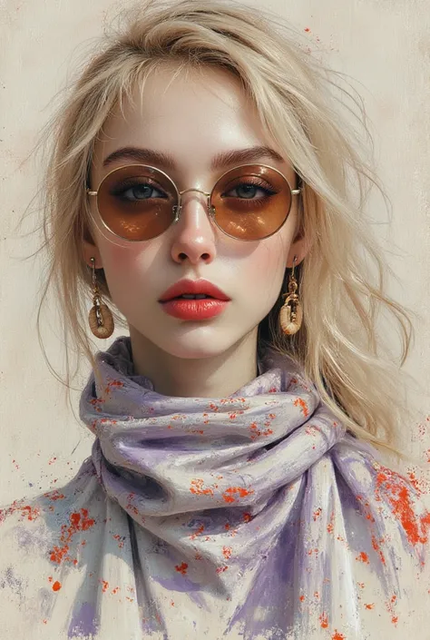 An artistic sketch of a modern sunglasses, scarf, beautiful woman, long blond hair, big earings. The portrait features a mix of minimalistic linework and painterly strokes in soft, muted tones of beige, gray, lavender, and hints of red. The loose brushstro...