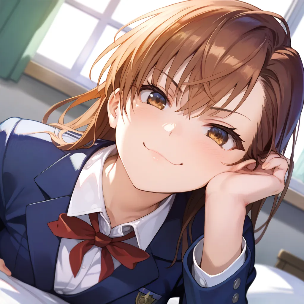 masterpiece, best quality, highly detailed, 8k uhd, score_9, score_8_up, score_7_up, rating_explicit, perfect anatomy, perfect face, detailed face, detailed eye, source_anime, Misaka_Mikoto face close-up, Smug, Dutch angle, closed mouth, school uniform, bl...