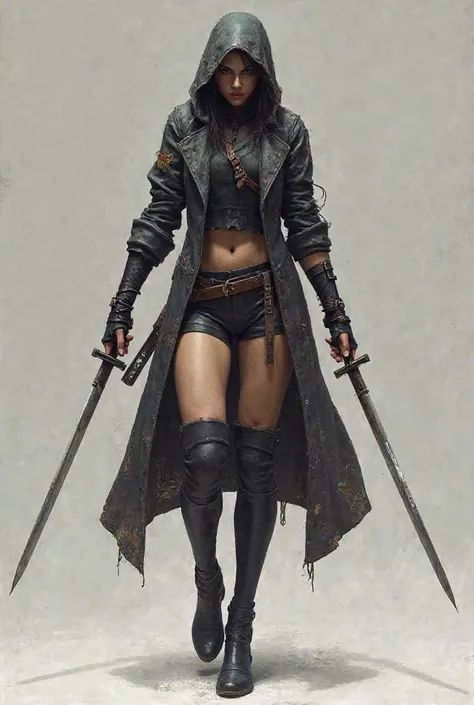 Full shot of a female figure, likely a video game character, styled as a warrior or ninja. 


The character is depicted in dynamic pose, mid-stride, with her legs angled, and she is holding two long, straight swords, one in each hand, extending out from he...