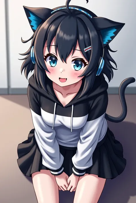 Cat girl.with branchy black hair,  blue eyes, medium height, open mouth, Breasts,   Reddish,   smirk, drool, Sitting with headphones , hairpin, black and white hoodie and black skirt,  chelka. 