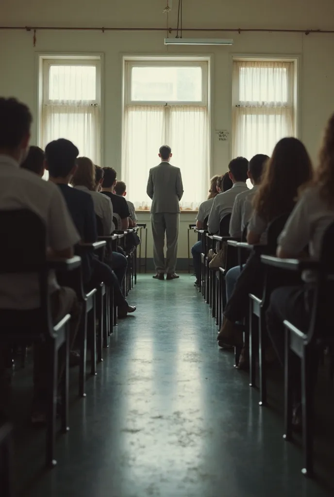 1990-es évek iskolai osztályterme A katedráról, From the teacher's point of view, we see the class in the hall. Opposite the teacher, 20 adults sit on the school benches, 10-year graduation meeting. Dense shadow in 2 places, there are two classmates sittin...