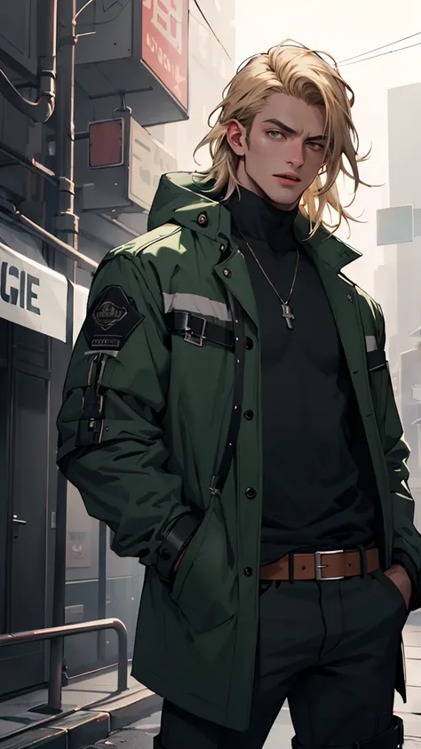 1Men, Solo, slim and tall;  Blonde Hair; green iris; dark green futuristic coat, Belts on cloth, cyber city background, hand in pocket, one ,yawning, high boots with belts, night,