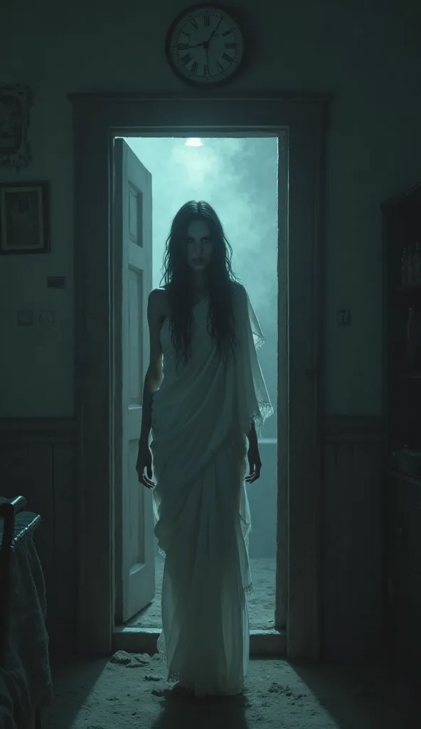 A dark, eerie hotel room at midnight. The dim light from a flickering bulb casts long shadows. The wooden door is slightly open, revealing a ghostly female figure in a white saree with long, disheveled hair. Her face is featureless, just a dark void where ...