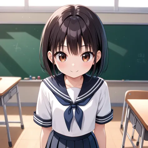 (masterpiece, best quality:1.4), (8k, ultra-detailed, anime style:1.2), cute young sister,, big eyes, small nose, detailed hair, bright background, (anime:1.3), , flat chest, school uniform, sailor suit:1.4), classroom:1.3) ,smile, blush