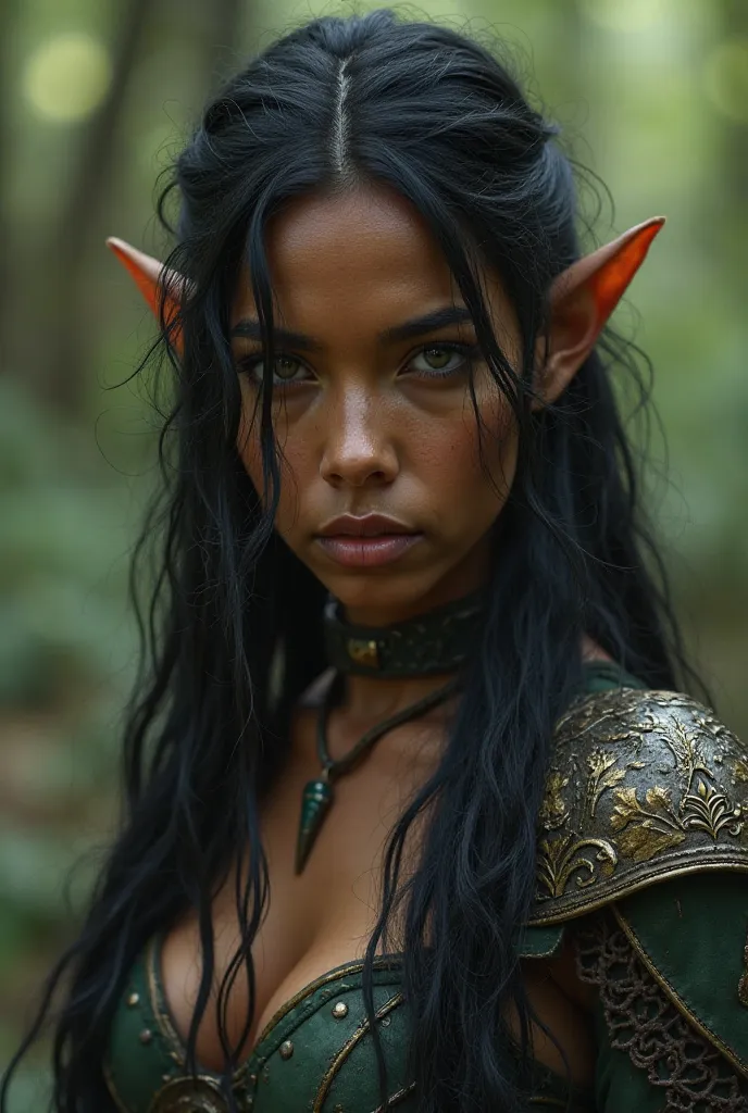 Close-up, North African woman, pointed elf ears, caramel skin, black hair, closed mouth, ancient forest elven armor, combat pose, dynamic pose, complex fantasy character, NSFW, cinematic lighting, fantasy, magic, detailed background, in a dense and ancient...