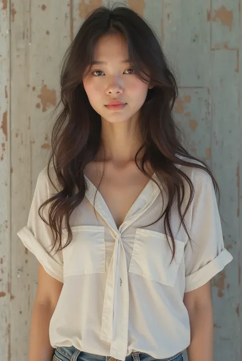 Portrait of a 20-year-old girl with average beauty.  She has long, loose hair ,  slightly wavy. Her expression is neutral and natural,  conveying serenity .  Her skin has a natural tone , without flashy makeup. She wears simple and casual clothes,  like a ...