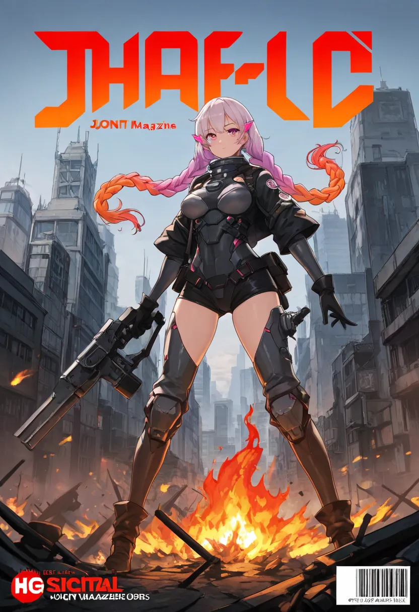 1 Girl， solo，twin_braids,gradient hair,, war，fire，explode，City， big ，，sci-fi，joint，joint， magazine cover