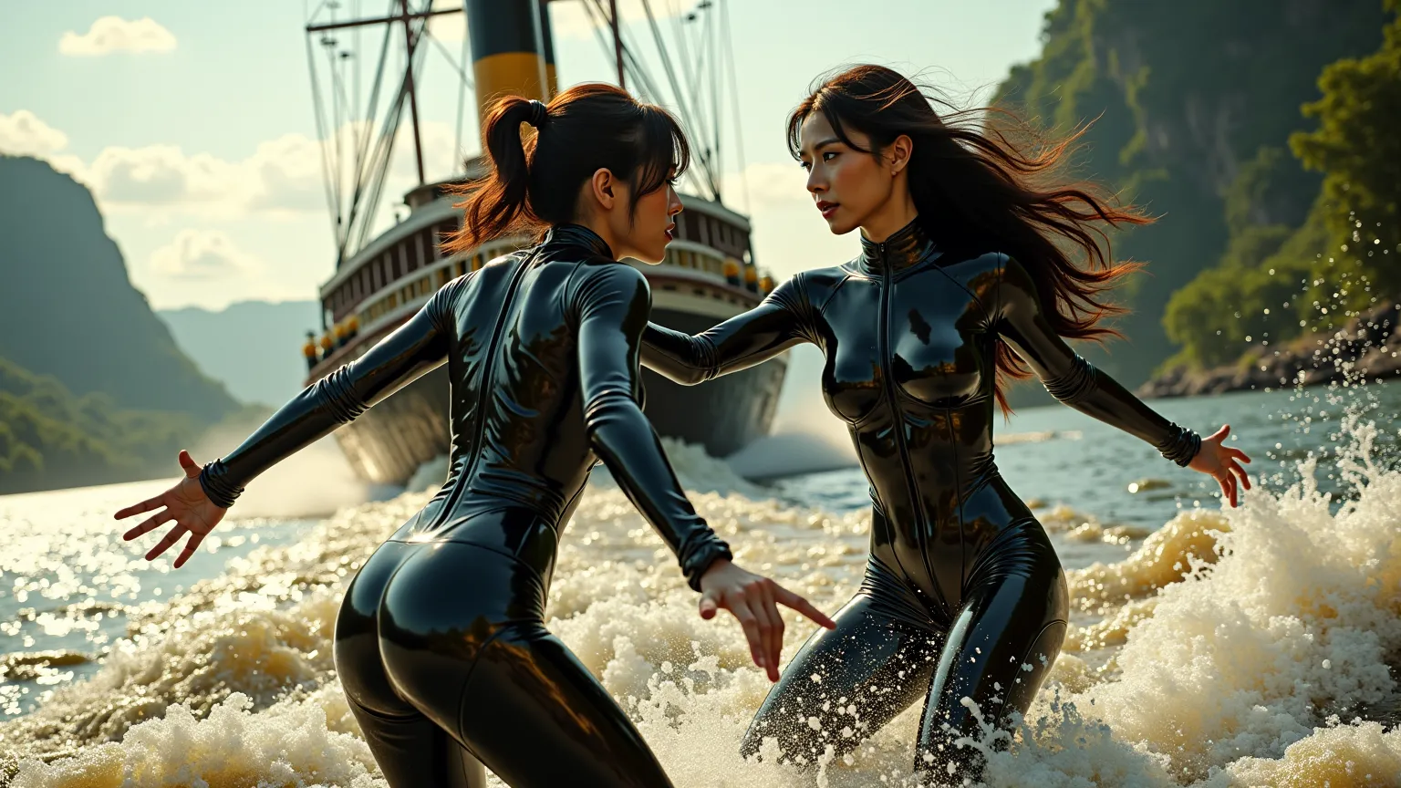   An old time river boat, large, on the Amazon River,     very slender japanese female  22 years old, dressed in black latex full body skin tight wet look Second Skin black shiny polished reflective  bodysuit.    .  violent fight with another woman  ,     ...