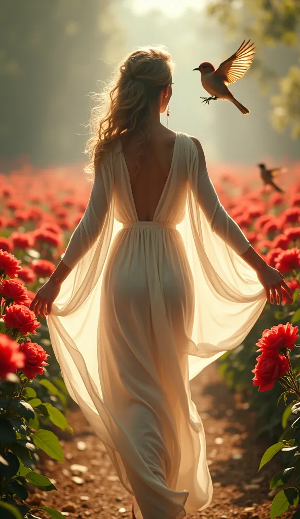 "A woman with fair skin, wearing a white dress, walking towards the camera through a garden of roses. She is a little further back, as if coming towards the viewer, with her arms open and a soft glow of light surrounding her. Two birds are flying near her ...