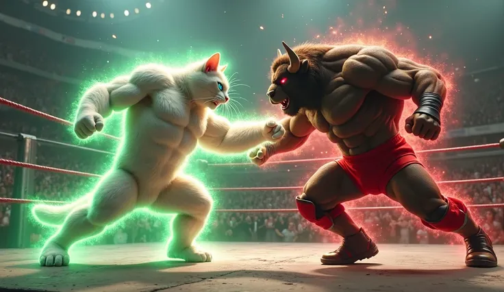 A highly detailed, ultra-realistic 4K image of an intense wrestling battle between an anthropomorphic white cat and an anthropomorphic buffalo inside a professional wrestling ring.

The muscular, anthropomorphic white cat is faithfully recreated based on t...