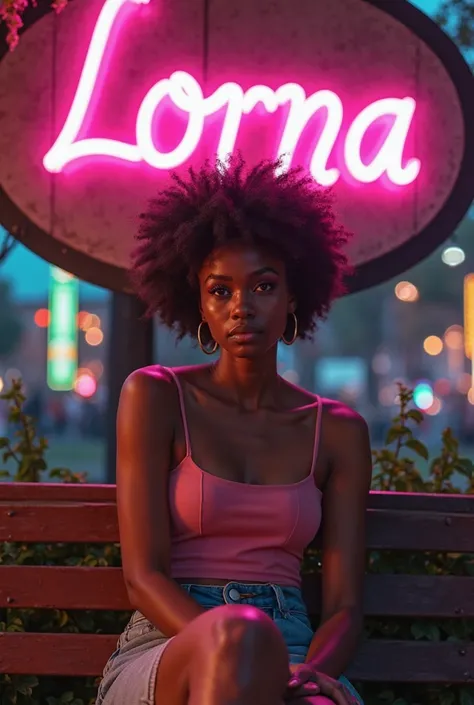 a black natural girl dressed decently, slender, with beautiful eyes great  beauty sitting on a park bench but on the background there is a neon light board with text Lorna