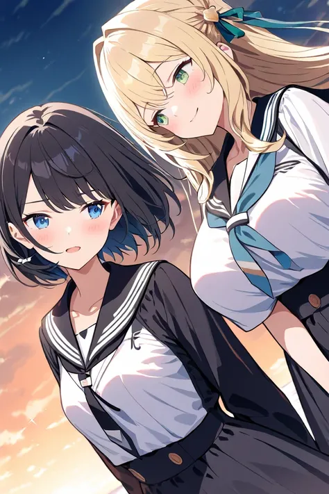 Two girls（（ character for V21（long hair、blonde hair、Big Breasts、 green eyes、Fleeting、A pair of ribbons on the left and right） Highly Detailed Skin Texture 、peace of mind、peace、close eyes）））、（（ character for V2２（short hair、 black hair、 small tits、 blue eyes...