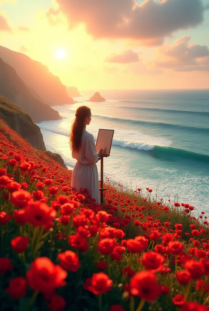 a field of red flowers next to the ocean, amazing exquisite matte painting, in the morning, earthwave, cheerful colors, sea spray, stands at her easel, beautiful panoramic imagery, morning dawn, beautiful high detail photo, springtime morning