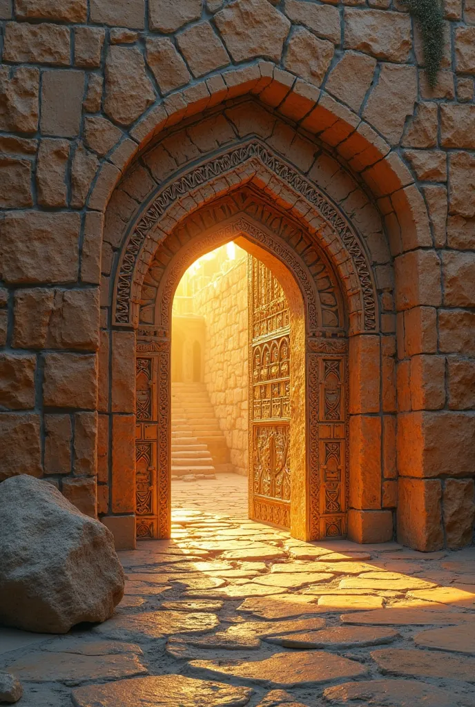 An 8K UHD image of the sealed Golden Gate in Jerusalem, with its ancient stone structure and intricate details. The scene is vibrant and mysterious, with detailed textures of the gate's carvings and the glowing light. The background is soft and blurry, emp...