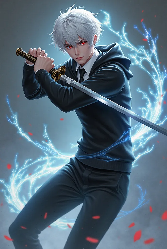 A young man, a ager, white hair, short hair, red eyes, wearing a white shirt underneath. There is a black tie. Wear a long sleeve sweater with a black hood. Wearing black pants, black shoes, and pulling a sword out of the hatch. There was a spirit aura eff...