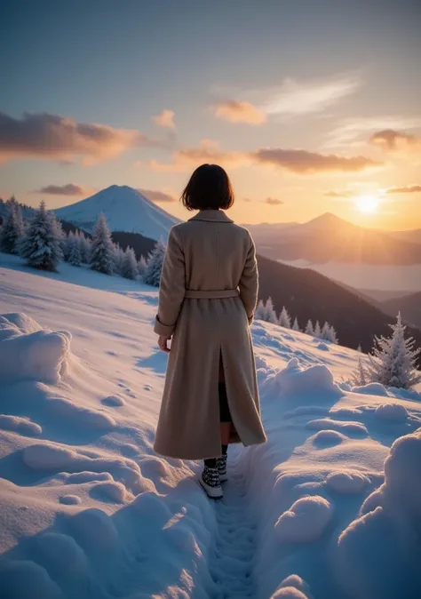 (((Plump body))), (((Very beautiful mature woman))),  ((plump mature woman's body)), ((The body of a very glamorous mature woman)), In the heavy snow, (((Powder Snow))), Mountain area, ８k, Sexy long coat worn by a beautiful 30-year-old Japanese woman with ...