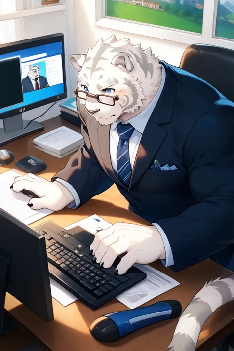 Zero Mercenaries,Mercenaries of the Evil One, cat, Mammals,  white tiger, fur, Grey Nose,  blue eyes, male,  muscular, company,  office, desk work, Large desk,  computer,  keyboard, Typing, chair under a chair, suit, ビジネスsuit, Long sleeve top,  businessman...