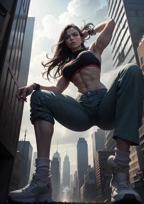 "A towering Giantess in a cool and laid-back hippie style is rocking a crop top and baggy pants. Her toned and athletic build hints at her massive strength. She seems to be casually strolling through the bustling cityscape of GTS City, as towering building...