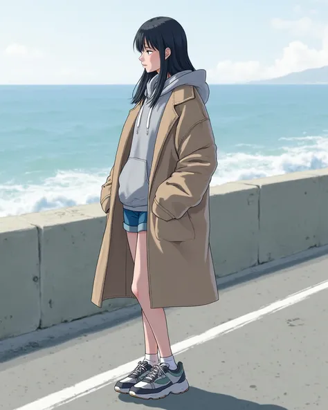 Woman wearing a fitted grey hoodie layered with a taupe oversized coat, short denim pants standing on the road, And bold statement sneakers, Seaside,
1 girl, solo, medium long hair, black hair, Japanese,bangs,profile