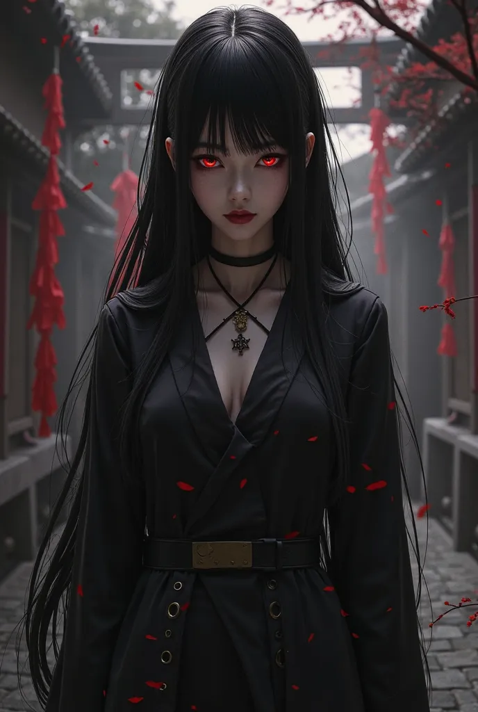 Shinobu kocho in black hair and black outfit red eyes