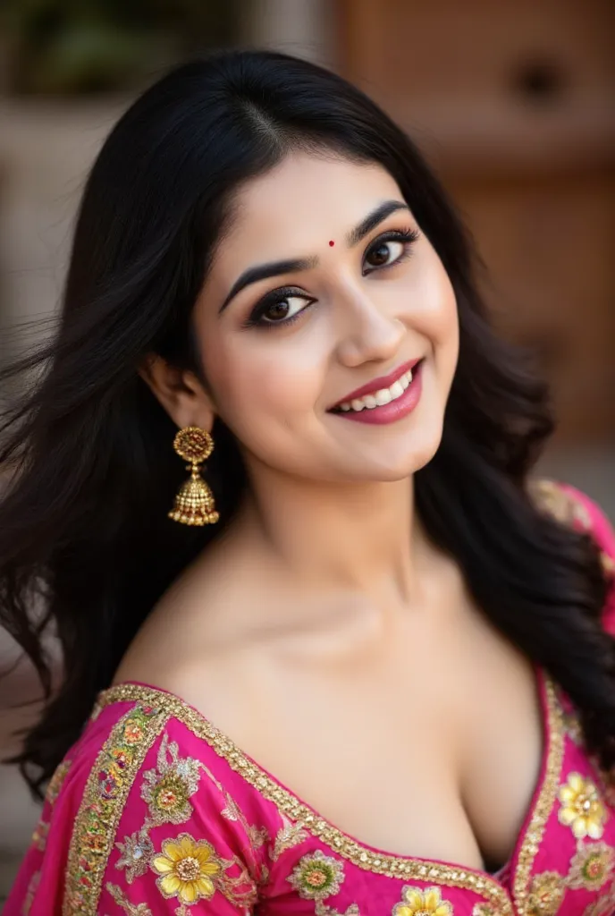 A captivating portrait of a young woman with flowing dark hair and a warm smile, captured in soft, natural light that highlights her features. She wears a richly embroidered traditional outfit adorned with bright colors, including pink, yellow, and green, ...