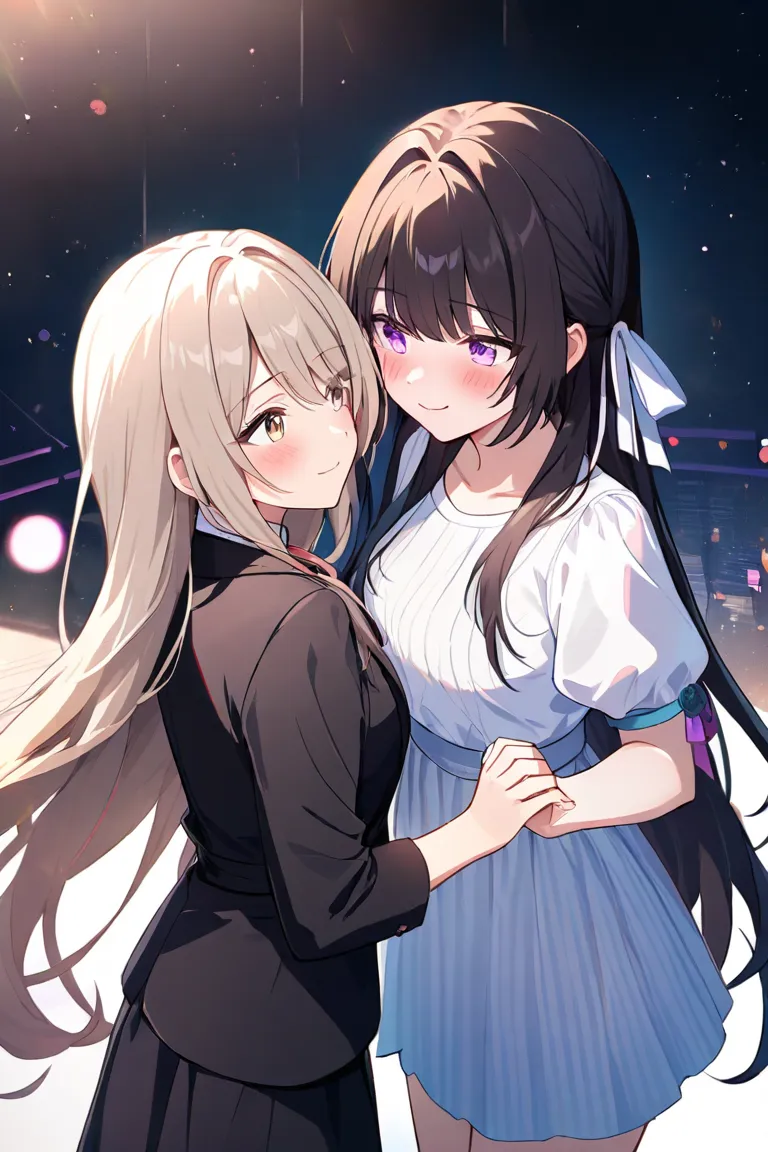  2 women、 character for V21（ light beige hair、Medium shoulder-length hair、Curl inward、Light beige eyes、Long、smile）、 character for V2２（ black hair、long hair、 black suit、bottom（skirt）、 purple eyes）、 blush、 and stare at each other、painful、Holding hands、 bring...