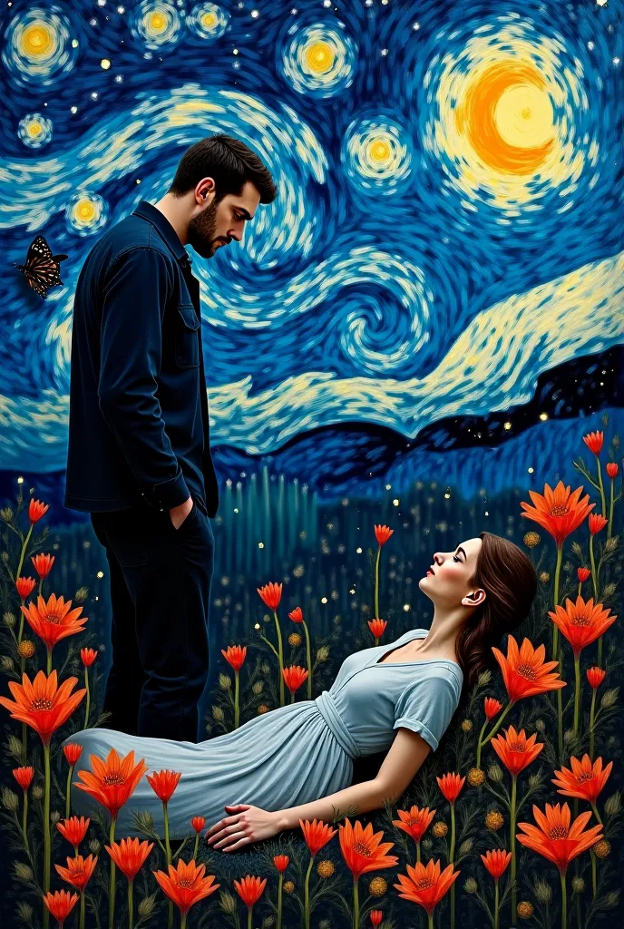 Create a painting of a starry night by vincent van gogh and a man starring at a dead body of a woman the full of spider lily flower on the ground and black butterfly