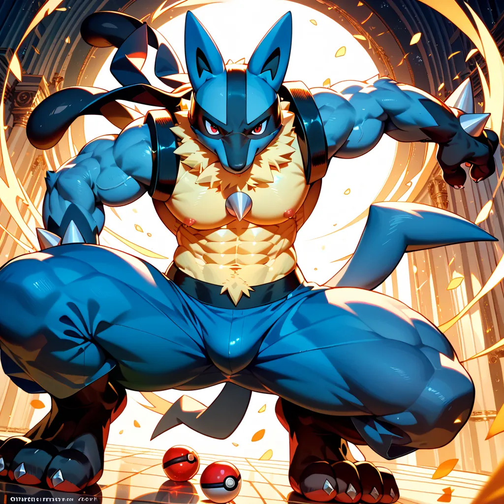 kemono, (Pokemon)Lucario, red and yellow fur, anthro, male, tail, muscles, handsome, heroic, toe claws, epic, perfect lighting, (light particleest quality),(masterpiece),(ultra detailed),sharp focus,light particles, suggestive,