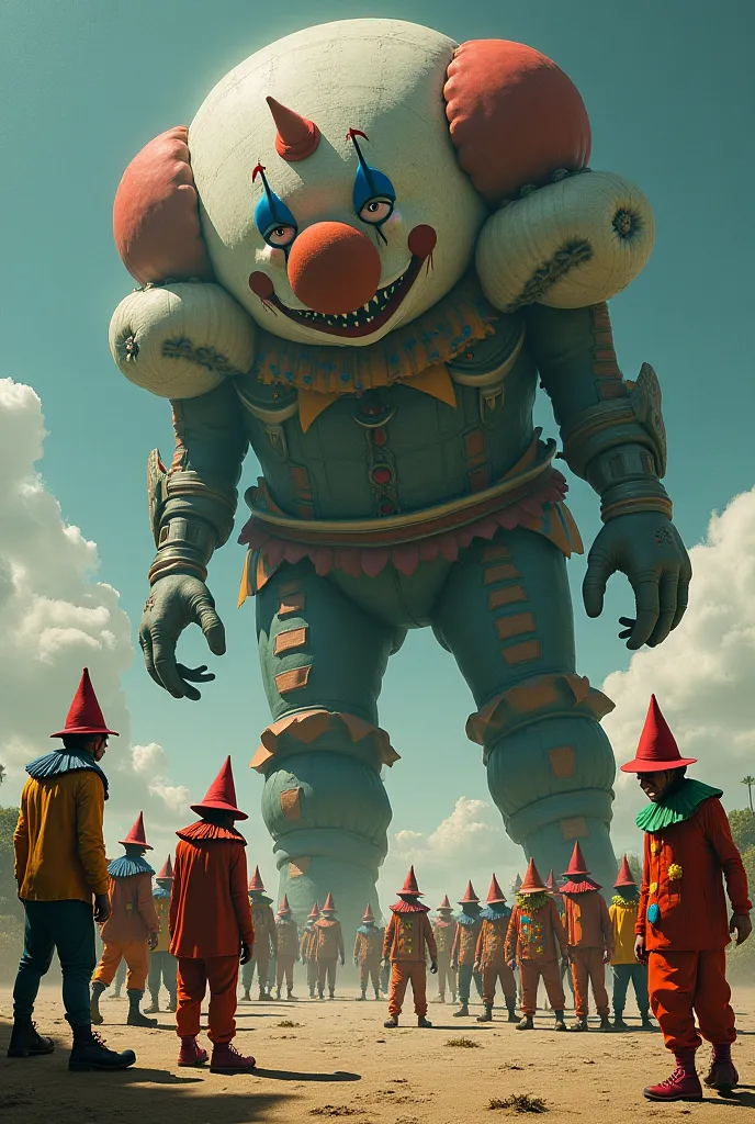 A giant girdle threatening a group of clowns 